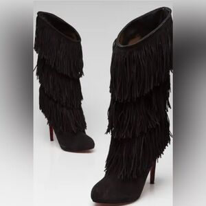 Christian Louboutin Forever Tina Black Suede Fringe Boots 40.5 Red Sole EUC